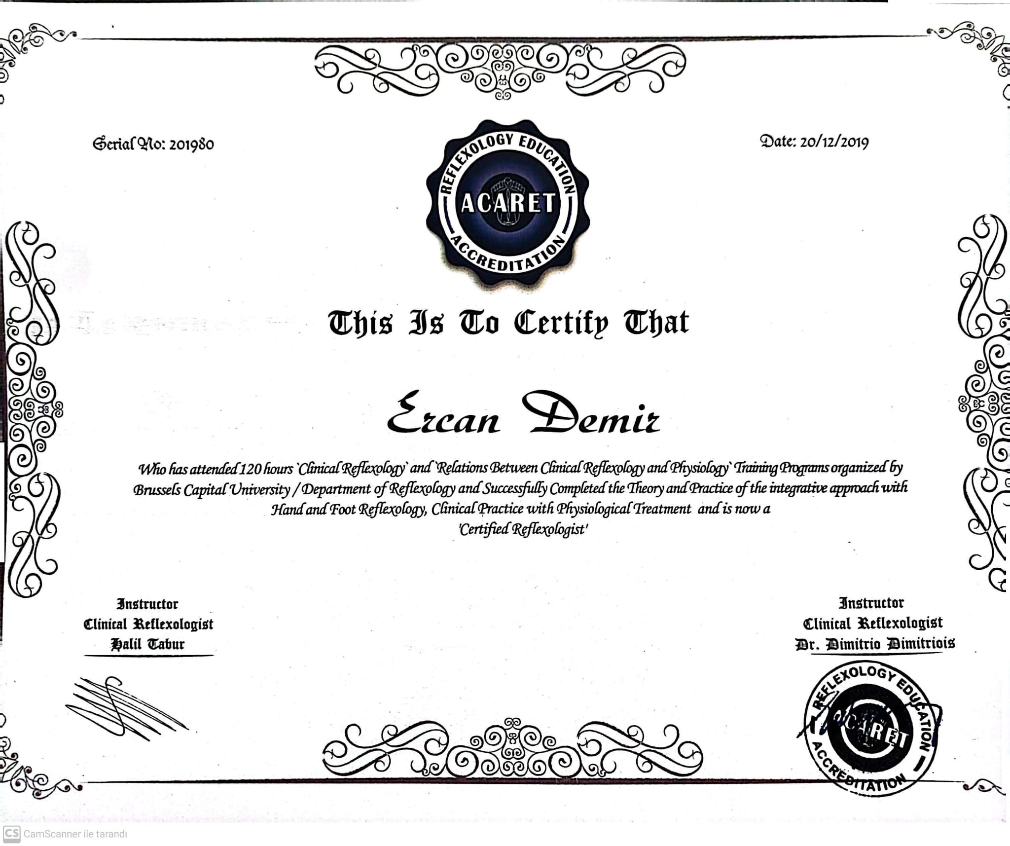 Ercan Demir - ACARET Reflexology Sertifikası