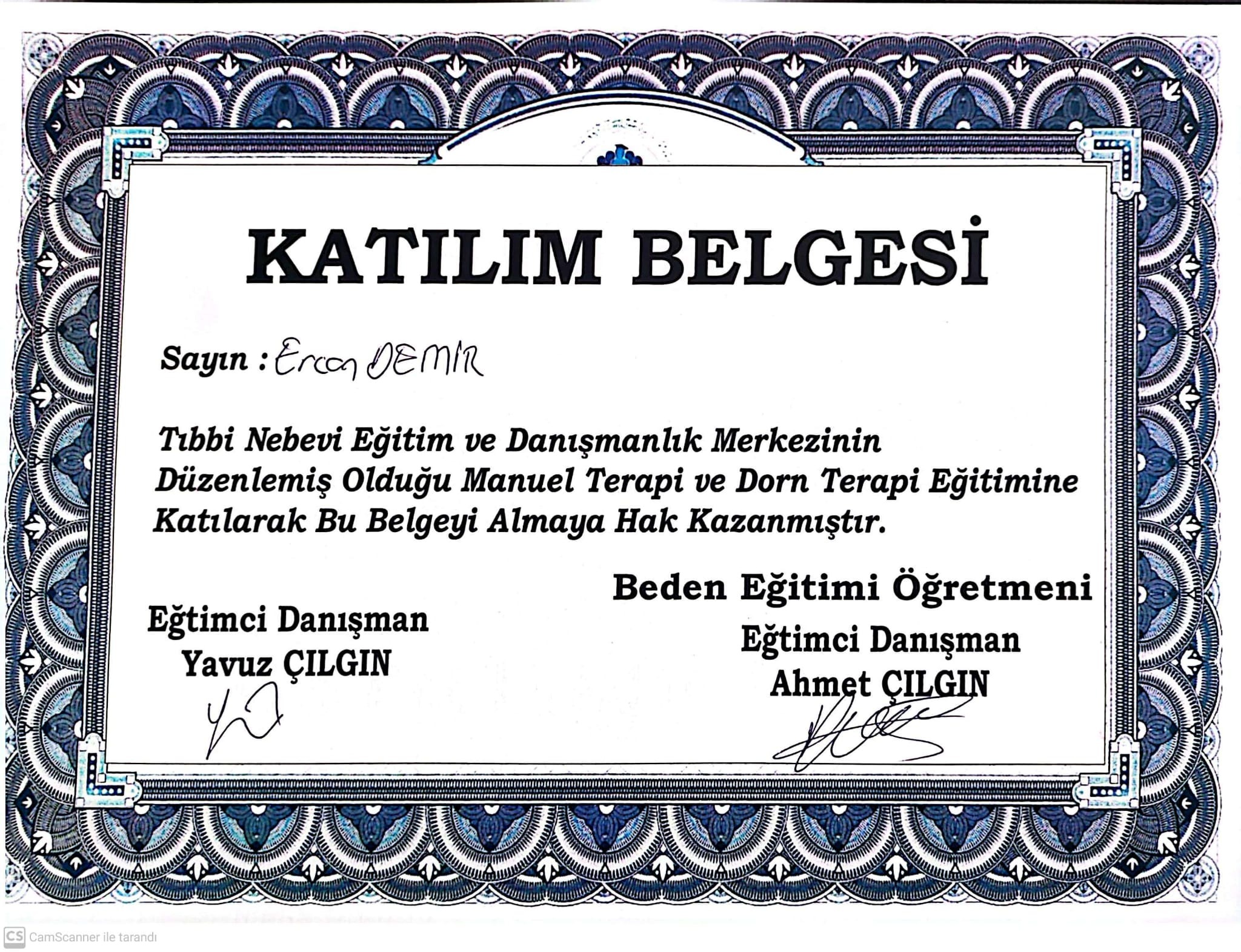 Ercan Demir - Manuel Terapi ve Dorn Terapi Katılım Belgesi