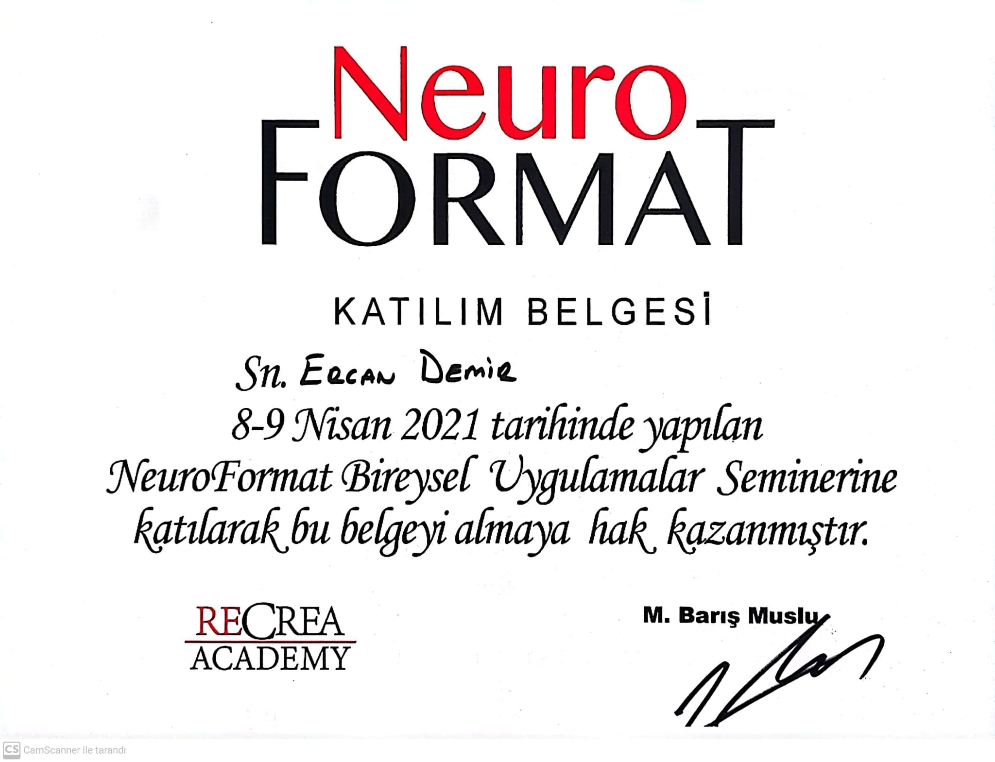Ercan Demir - NeuroFormat Katılım Belgesi
