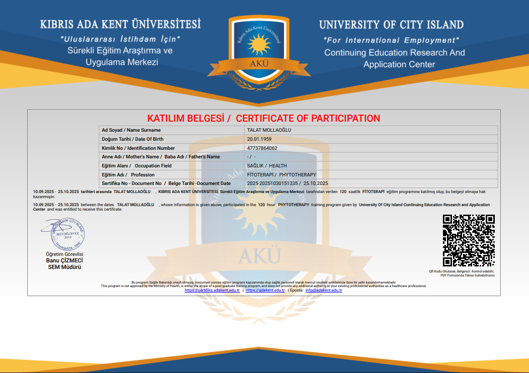 Talat Mollaoğlu - Kıbrıs Ada Kent Üniversitesi Katılım Belgesi